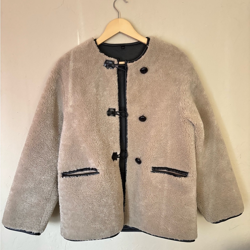 Mango Beige and Black Fleece Jacket